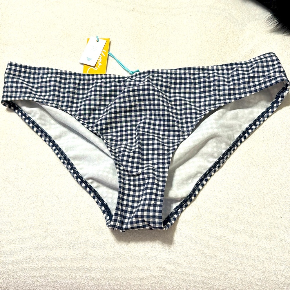 NWT Kona Sol navy blue and white gingham print bathing suit bottoms. Size L
